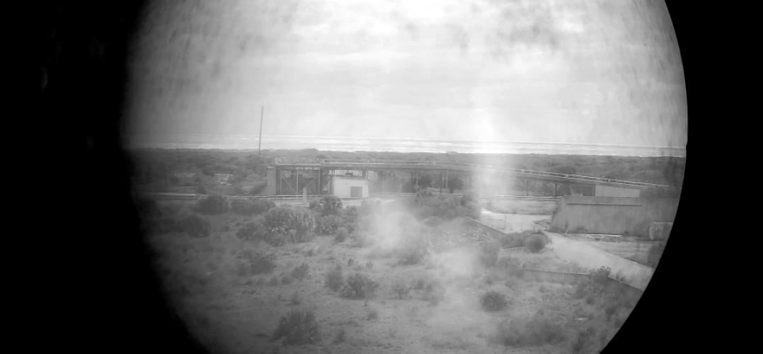 Greyscale telescopic perspective of landscape