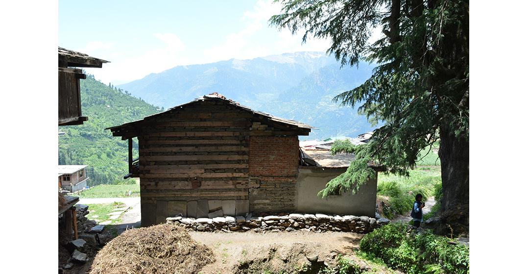 - A Kath-kuni structure repaired using bricks and concrete in village Jana, Kullu 