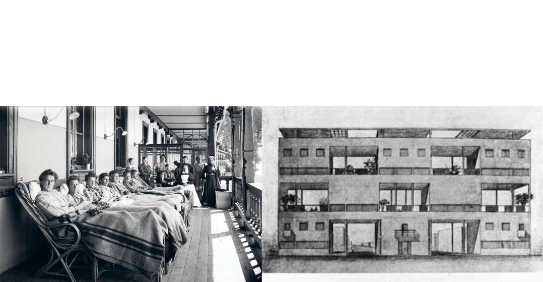 Sanatorium patients in Davos, 1910; design for a housing development, Le Corbusier.