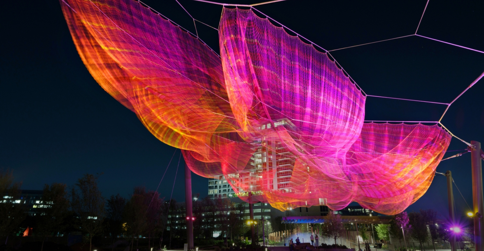 Echelman sculpture illuminated at night