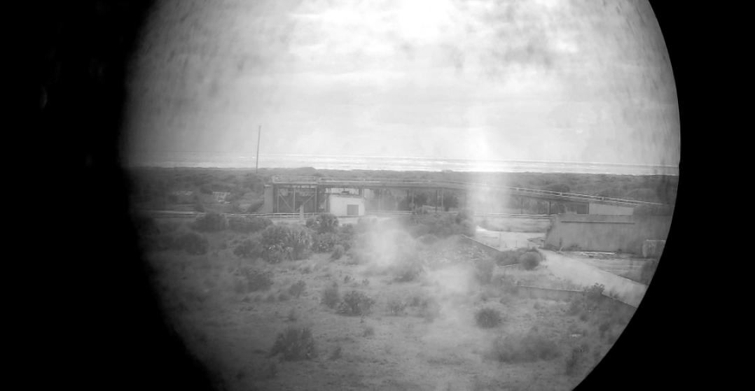 Greyscale telescopic perspective of landscape